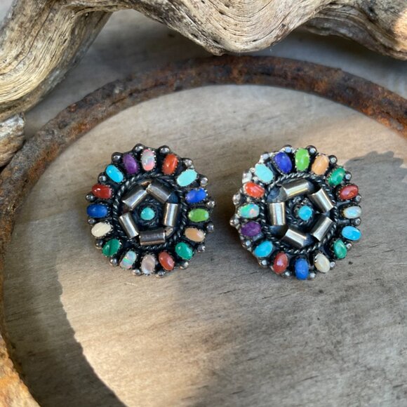 RARE Lorraine Waatsa Zuni Cluster Earrings Vintage Signed - Picture 8 of 8